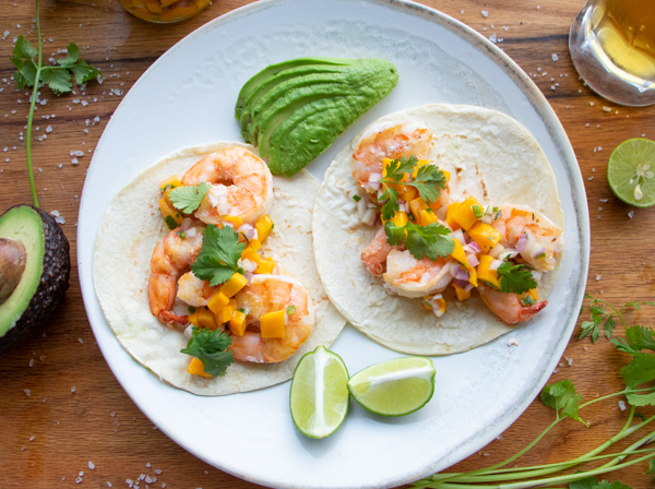 SHRIMP TACOS WITH MANGO PICO DE GALLO